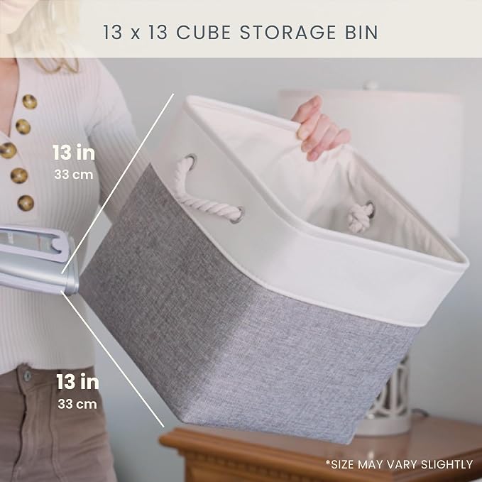 OrganiHaus 13x13 Cube Storage Bins 4 Pack, Foldable Cube Storage Organizer w/ Rope Handles, Collapsible Fabric Bins for Toys, Clothes & Closet Organization, Fabric Square Baskets - Beige/White