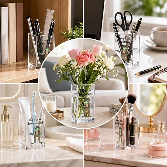 Acrylic Pen Holder Cup Funny Desk Decor, Overstimulated Humor Pencil Holder Organizer, Coworker Gift Office Accessories