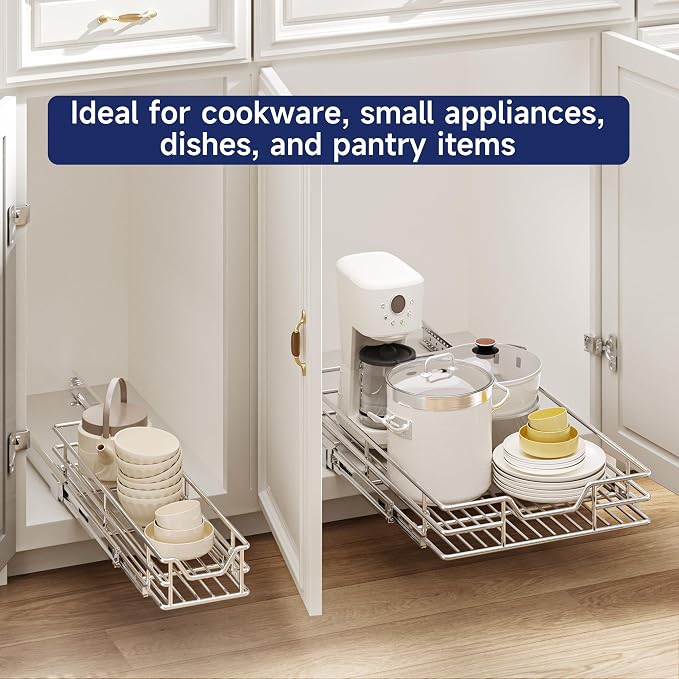 Pull Out Cabinet Organizer, 5.5" W x 21.5" D, Heavy Duty Chrome Slide Out Shelf for Narrow Base Cabinets, Sliding Wire Basket Drawer for Spices, Bottles, Snacks & Cleaning Supplies