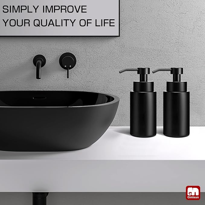 GMISUN Foaming Soap Dispenser, 10 Fl oz/300 ml Matte Black Glass Foaming Hand Soap Dispenser, 2Pcs Hand Soap Dispensers for Bathroom & Kitchen, Refillable Foam Soap Pump Bottle with Waterproof Labels