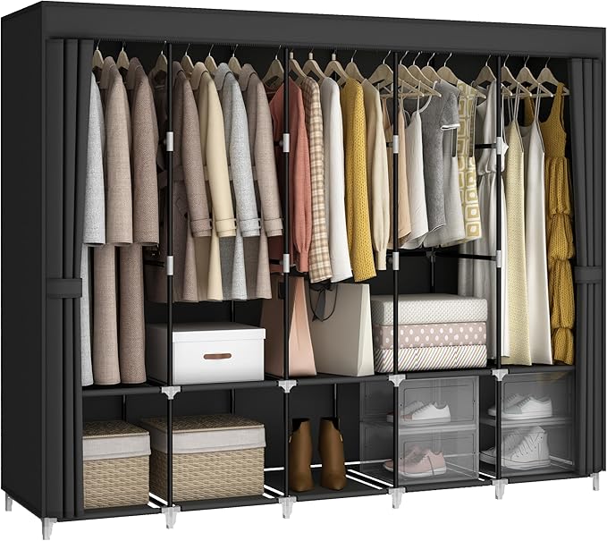 83" Portable Wardrobe Closet for Hanging Clothes, 5 Rods 10 Shelves Cover | 5 Hanging Rods 10 Storage Shelves Fabric Cover