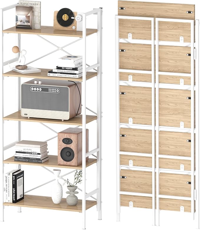 Homeiju Folding Bookshelf,5 Tier Bookcase Foldable Shelf with X-Bracket Design, Adjustable Feet, Space Saving Storage for Living Room, Office, Light Coffee