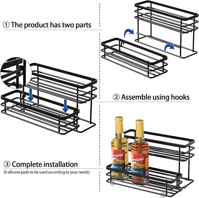 6 Bottle Coffee Syrup Organizer Rack, 2 Tier Coffee Syrup Stand Holder for Coffee Bar, Coffee Syrup Organizer for Countertop, Small Wine Rack for Family, Storage for Syrup, Dressing, Black