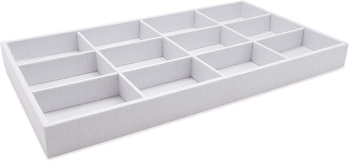 The Display Guys - Stackable Jewelry Tray and Organizer - for Drawers, Dressers, Store Display (12 Compartments, White Burlap)