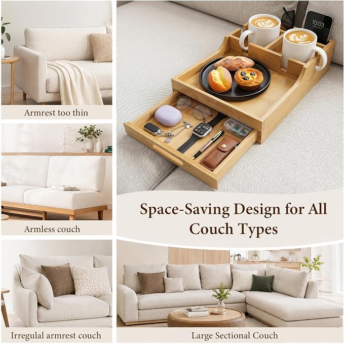 2 in1 Couch Tray with Cup Holders and Drawer Storage | Bamboo Sofa Tray Table ,Sofa Organizer Insert Between Cushion/Flat Use,Couch Caddy for Drink,Snack,Living Room Accessories