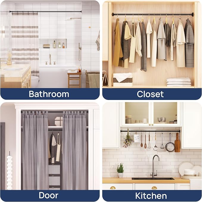 ENJOYBASICS Matte Black Shower Curtain Rod 30 to 64 Inches, Stainless Steel Adjustable Spring Tension Rods No Drill for Bathroom, Closet, Window, Room Divider, Never Rust, Non Slip