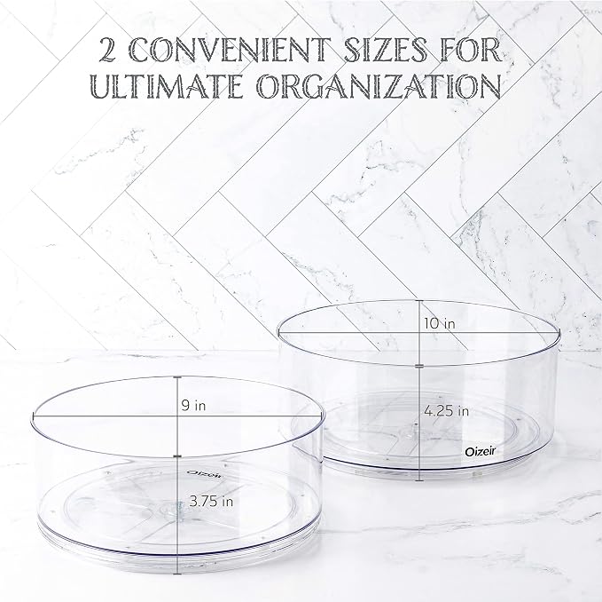 Oizeir Lazy Susan Turntable (2-Pack) - Clear Acrylic, Rotates 360 Degrees, Easily Organize Your Fridge, Cabinet or Counter - Carousel Storage for Food, Spices, Cosmetics | Clear Acrylic, Non-Skid, Raised Edge; Rotating Spice Rack for Kitchen, Pantry, F...