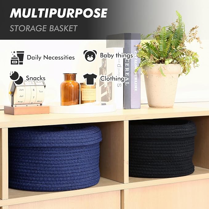 Sea Team Round Cotton Rope Storage Basket with Lid, Lidded Woven Storage Bin, Nursery Storage Container, Diaper Caddy, Baby Shower Basket, Box, Organizer, 11.8 x 11.8 x 6.7 Inches (Medium, Black)