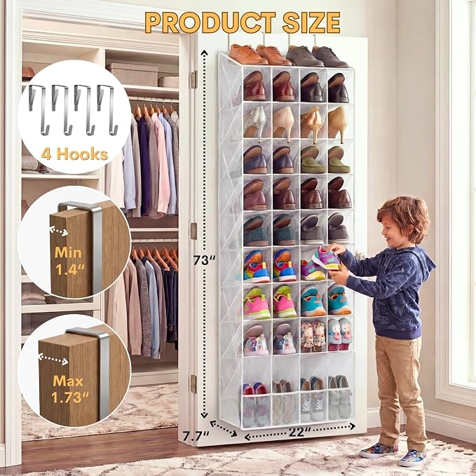 30-40 Pairs Over the Door Shoe Organizer, Clear Large Pockets Hanging Shoe Rack, Space-Saving Closet Door Organizer Fits Boots,Sneakers or Larger Shoes,Shoe Storage for Bedroom,Small Closet,Entryway