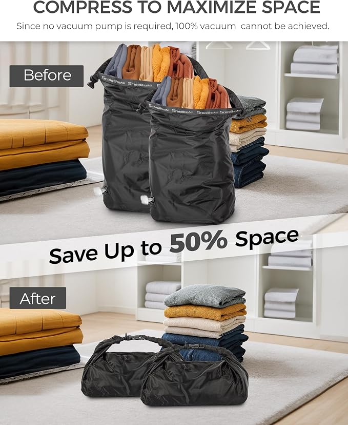 Travel Laundry Bag, Pump-Free Vacuum Compression Dirty Clothes Bag, Reusable Waterproof & Washable Laundry Bag, Wet and Dry Bag, Ideal for Suitcases, Road Trip Essentials (2 Pcs, M+L) Black