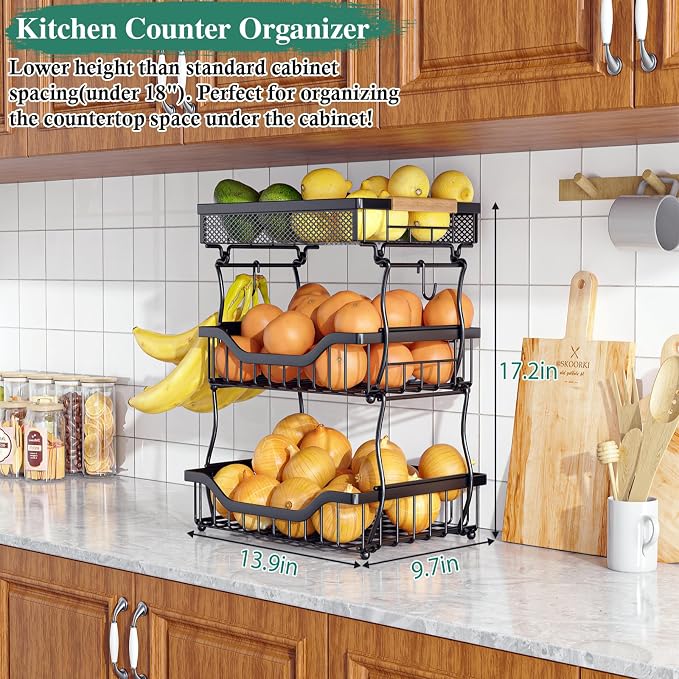 OKZEST 3-Tier Fruit Basket Fits Under Standard Upper Cabinet, 17.2" Tall | 2-In-1 Wall Mount & Countertop. Ultra-Fine Mesh Top Basket & Banana Hangers, Holds Potato, Onion, Bread, Snack, Fruit, Veggie