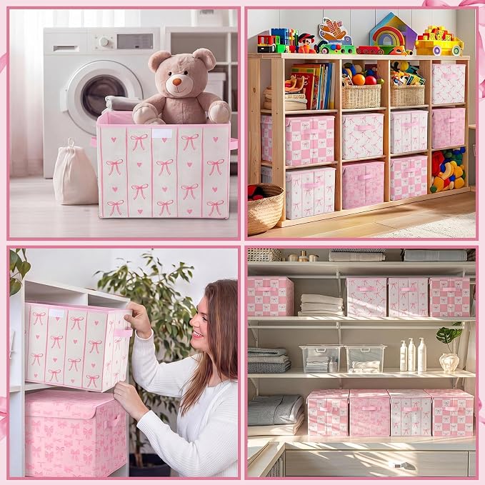 CHENGU 4 Pcs Pink Bow Storage Bin with Lid Large Fabric Pink Foldable Storage Box with Handles Cute Collapsible Cube Organizer Basket for Closet Home Bedroom Nursery Dorm Decor, 15.7 x 11.8 x 11.8''