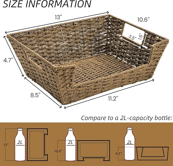 2 Pack Open Front Storage Baskets, Brown Paper Rope Woven Basket with Built-in Handles, 13''L x 10''W x 5''H Pantry Organzier Bins for Shelf, Bedroom, Living Room, Pantry