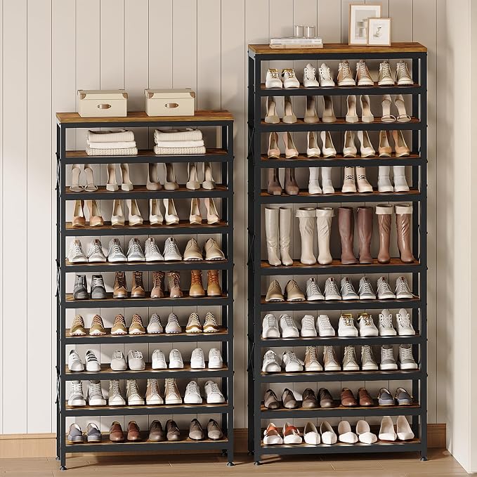 YATINEY 12-Tier Tall Shoe Rack Organizer, Wooden Shoe Storage for Closet Holds 48 Pairs, Sturdy Shoe Shelf with X-Shaped Metal Support, for Entryway, Bedroom, Rustic Brown and Black SS212BR