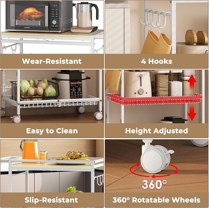 Microwave Kitchen Cart, White Kitchen Shelf with Push Handle, 3 Tier Rolling Microwave Table Stand with 2 Lockable Wheels for Bakers Rack, Kitchen Island, Small Coffee Station