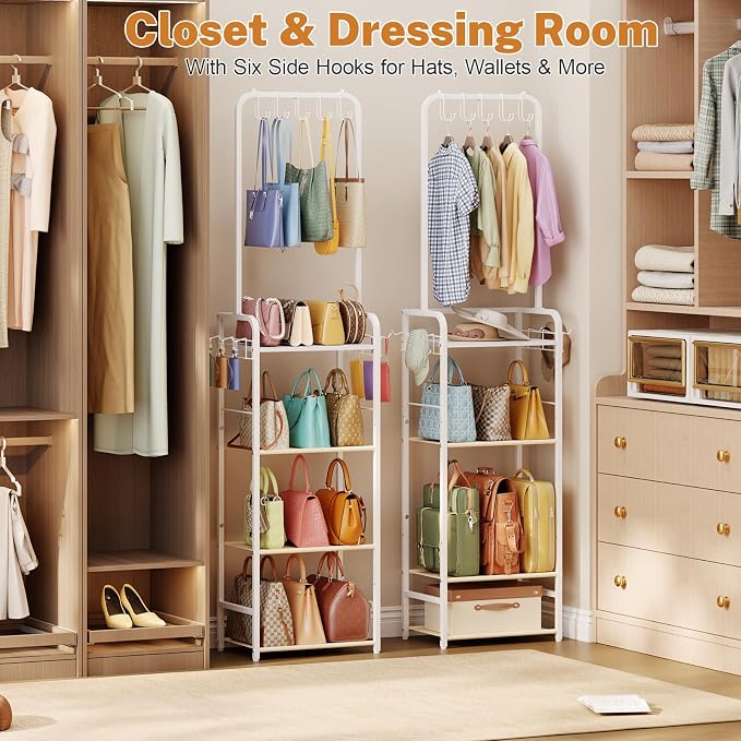 Tall 5-Tier Purse Organizer for Closet with 5 Purse Hanger, Large Purse Rack Stand with 6 Side Hooks, Adjustable Handbag Organizer Shelf, Space-Saving Narrow Purse Storage Organizer for Small Place