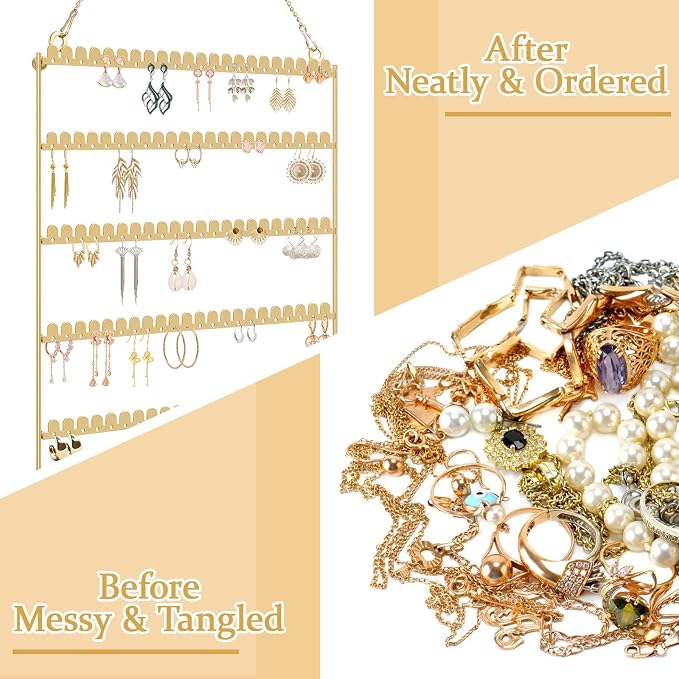 6 Tier Earring Holder Wall Mounted Hanging Earring Organizer Gold | Earring Display Storage with 123 Holes and 129 Grooves Jewelry Organizer Tree for Stud/Hoop/Dangle Earrings Necklace