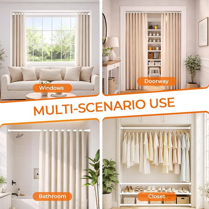 Spring Tension Curtain Rod 45 to 76 Inch 7/8" Diameter No Drilling Adjustable White Curtain Rods for Window Doorway Closet Door Kitchen Bathroom