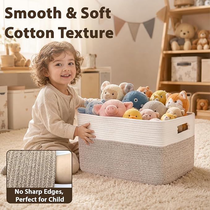 Optish 95L Large Blanket Basket, Woven Storage Baskets with Reinforced Handles, Rope Laundry Basket for Living Room, Bedroom, Nursery, Toys, Clothes,Pillows, 24” x 17” x 13.5”, White & Brown