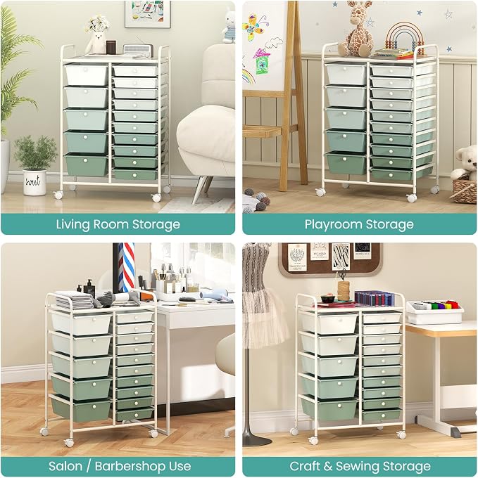 BECOMFORT 15-Drawer Rolling Cart with Drawers, Storage Cart on Wheels, Teacher Classroom Organizers with Metal Frame, Mobile Craft Cart for Tools, Trolley Utility Cart for School Office Play Room