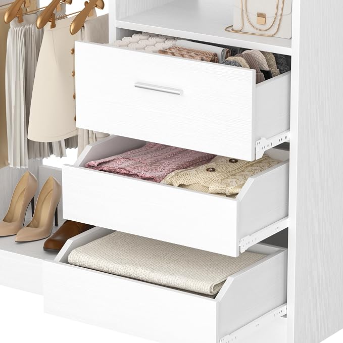 36 Inches Modular Closet Drawers System with Long Hanging Rods, 3FT Wood Closet Organiser with 3 Drawers, Walk-in Freestanding Wardrobe Storage Cabinet with 4 Shelves, White (36"L x 15" W x 80" H)
