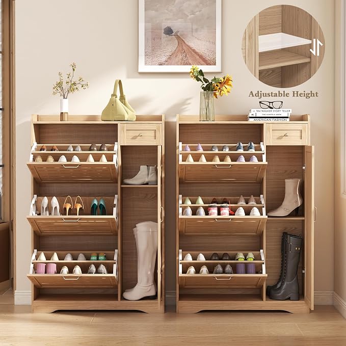 Narrow Shoe Cabinet Storage for Entryway, Hidden Shoe Rack Cabinet with Doors, 3 Flip Drawers & Adjustable Shelves, Thin Freestanding Boot Storage Closet Organizer, Ventilated Wood Design, Natural Oak