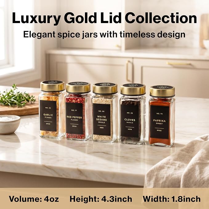EDELHAUS Glass Spice Jars with Label, 24x Gold Stainless Steel Lids | Airtight Lids keep spices fresh, Kitchen Spice Drawer Organizer, 4oz Seasoning Containers incl. Funnel, Brush & 240 Labels