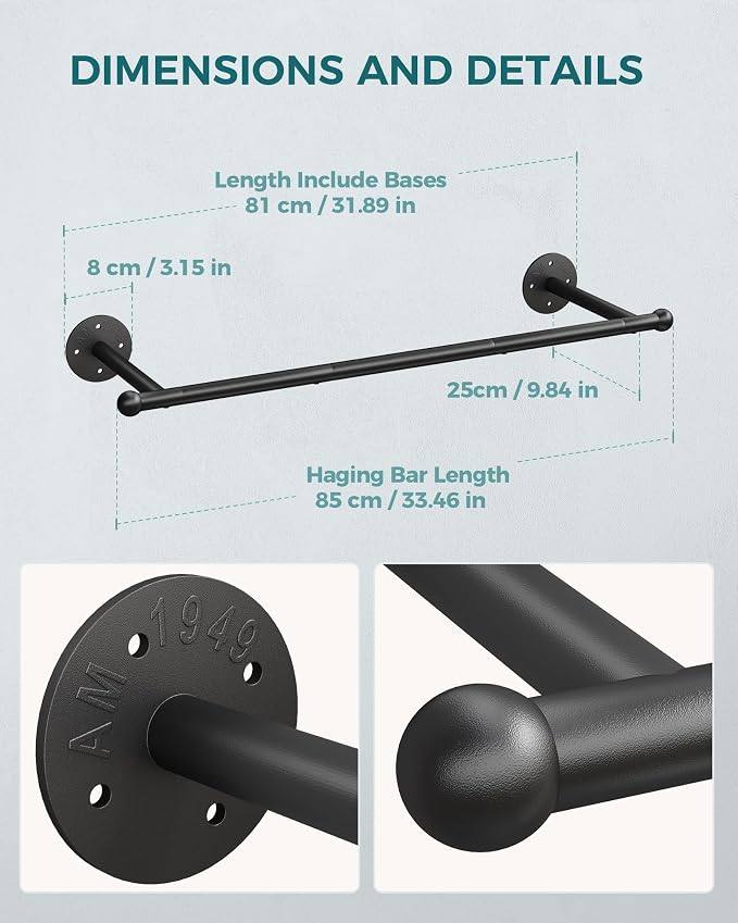 OROPY 33" Industrial Pipe Clothing Rack, Wall Mounted Clothes Rack 2 Pack | Closet Rods for Hanging Clothes, Multi-purpose Hanging Rod for Laundry Room, Bedroom and Closet Storage