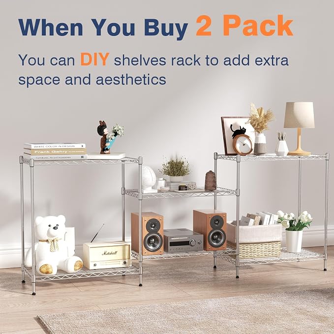 3-Tier Wire Shelf Rack,Kitchen Metal 3-Shelves Rack with Lockable Wheels | 24" Dx14 Wx22 H,Height Adjustable Wire Shelving Unit and Storage for Living Room,Laundry,Office,Pantry,Studio