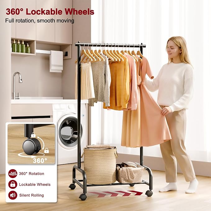 SLEEPING LAMB Heavy Duty Clothing Racks for Hanging Clothes, Small Rolling Clothes Rack with Wheels, Sturdy Garment Wardrobe Rack for Bedroom, Laundry Room, Black