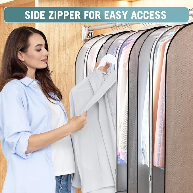 Liuoud 10" Gusseted Garment Bags for Hanging Clothes 32" Suit Bags for Open Closet Storage, Side Clear Clothing Cover for Coat, Dress, Jacket, Shirt, Fur Wardrobe Protector, 3 Packs, Grey