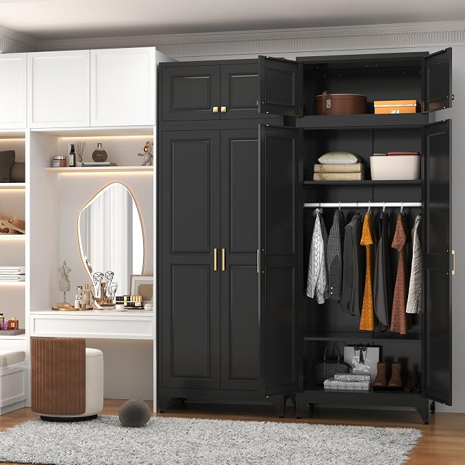 Polup Metal Armoire Closet, 86 Inch Tall Wardrobe Armoire with Hanging Rod, Wardrobe Closet for Clothes with Doors, 18" D x 32" W x 86" H,Black, Assemble Required, Shipped in Two Packages