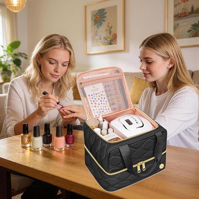 YOREPEK Nail Polish Bag Holds 42+ Bottles (15ml/0.5 fl.oz) and Nail Stuff | 2-Layer Nail Travel Case with Compartments for Nail Stuff, Nail Tech Organizers and Storage for Supply, Gifts for Manicurist