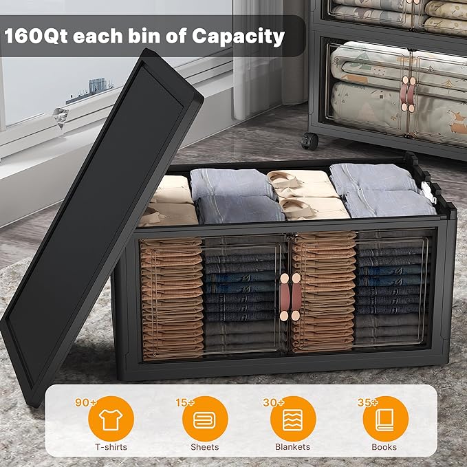 UAMFURI Stackable Storage Bins with Lids, 1400QT Closet Organizers and Storage with Doors and Wheels, Extra Large Storage Cabinet, Collapsible Plastic Drawers for Bedroom Kitchen Office Garage
