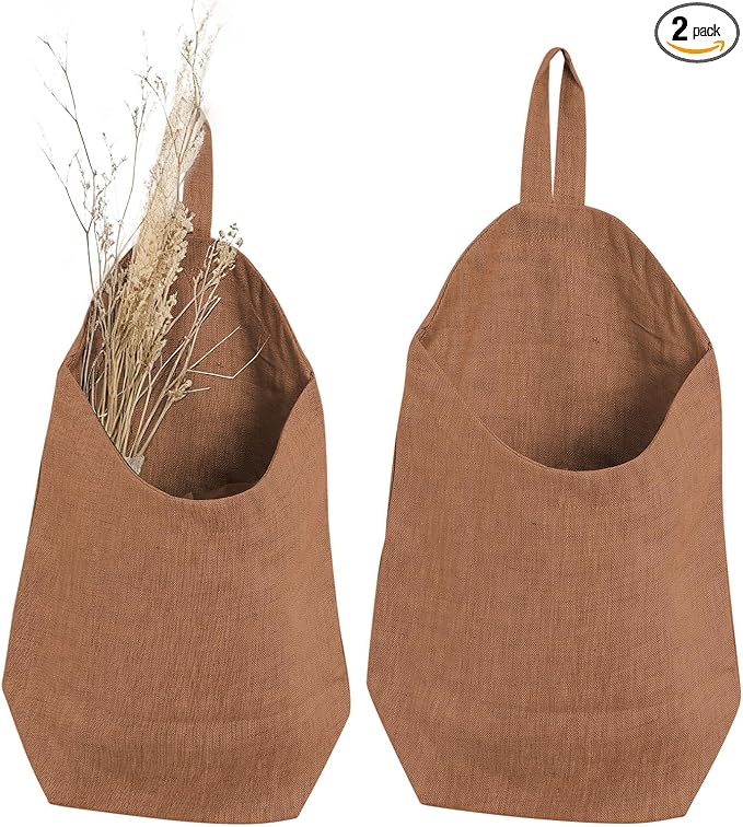 100% Linen Hanging Storage Bags Baskets 2 Pcs, Small Wall Storage Bag for Kitchen, Bedroom, RV Camper Organizer, Sewing Room, Nursery Storage, Kids Room (Brown)
