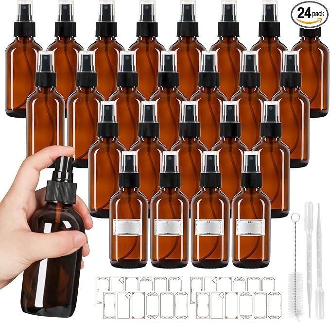 Jaisie.W 4 oz Amber Glass Spray Bottles 24 Pack, Leakproof Small Refillable | Containers for Perfumes, Cleaning Products, Pet, Essential Oils - Empty Travel Size Bottles for Hair,Plants, Premium Sprayers