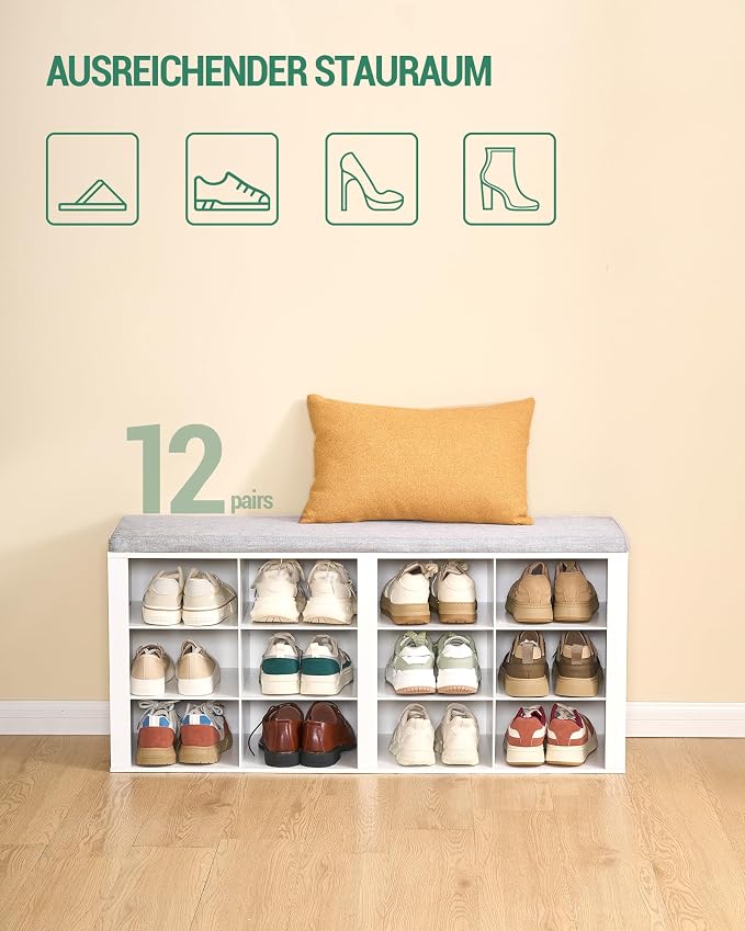 Hzuaneri Shoe Storage Bench, Entryway Shoe Rack with Cushion and Cubbies | entryway shoe rack bench cabinet with 12 cubbies and adjustable shelves for bedroom, living room, White SB19003GY
