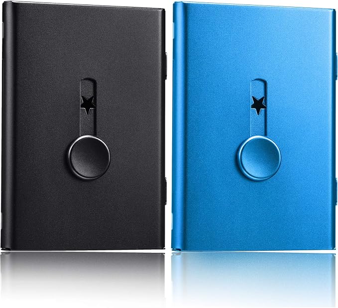 Tatuo 2 Pcs Black/blue 2 Pack Thumb Drive Business Card Holder Stainless Steel Business name Card Case Portable Slide Out name holder Wallet Nice Design pocket for Men and Women