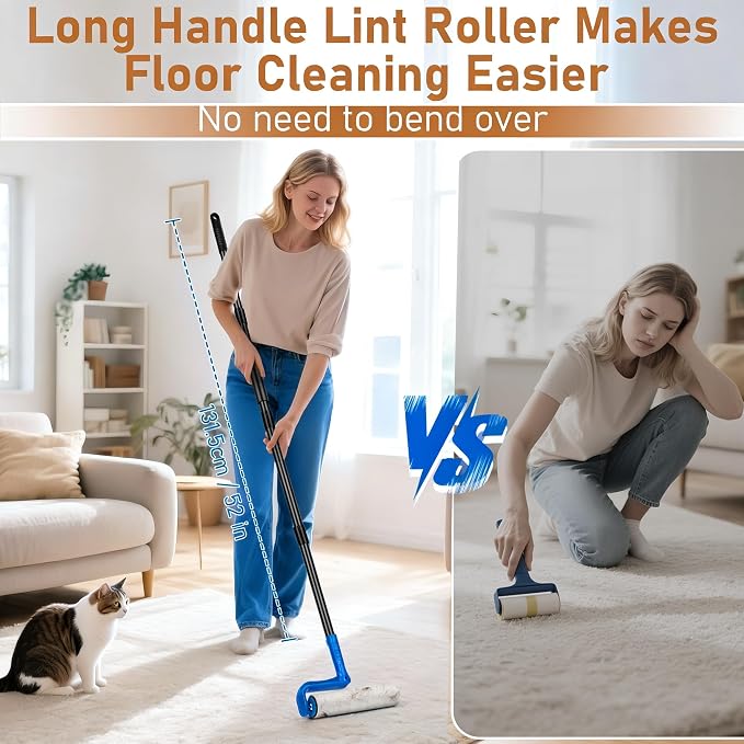 10" Large Lint Roller for Pet Hair Extra Sticky, Floor Lint Rollers Long Handle with Big Lint Rollers Refills for Couch Carpets Furniture Wall Clothing Floor Cleaning, Blue