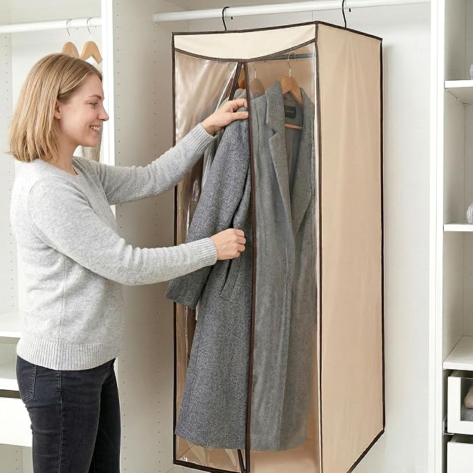 STORAGE MANIAC 57" Hanging Garment Bag Zipper Cover with Sealed Clear Window, Long Garment Cover for Closet Storage Wardrobe Clothes Protector, Large Garment Storage Bag for Dresses, Beige，2-Pack