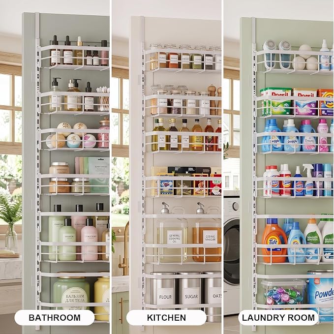 Apinol Over the Door Pantry Organizer, Adjustable 6 Tier Wide Storage Shelves with Hooks Fit Thin Doors Hold Spices Rack for Pantry Kitchen RV, White