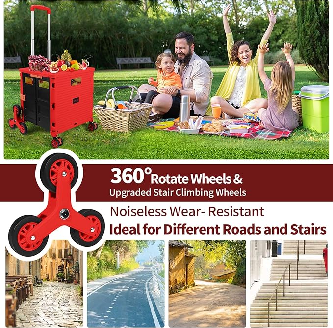 SELORSS Foldable Utility Cart Collapsible Crate Rolling Carts with Stair Climbing Wheels Rolling Tote Basket Teacher Cart with Lid Wear-Resistant 360°Rotate Wheel Noiseless for Shopping Grocery Office