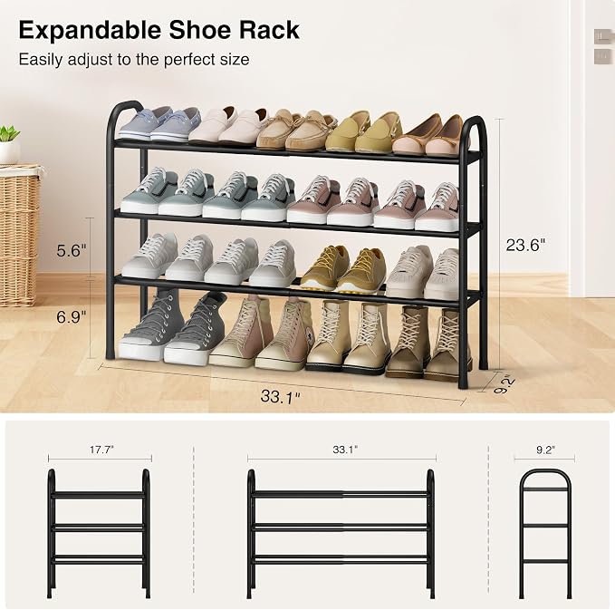 STO STO Expandable Shoe Rack, 3-Tier Metal Small Shoe Rack for Closet, Up to 16 Pairs Adjustable Shoes Racks Storage for Front Door Entrance, Free Standing Shoes Rack Organizer for Entryway, Black