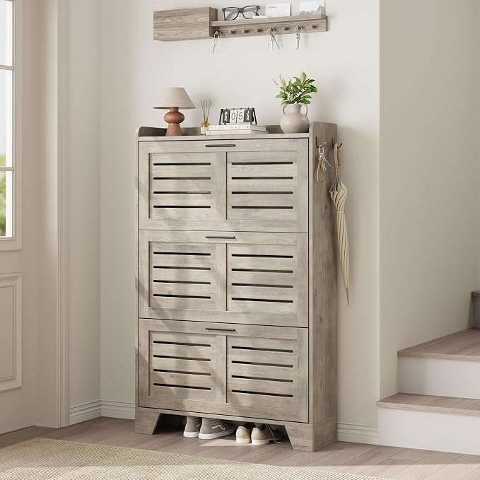 Garvee Shoe Storage Cabinet with 3 Flip Drawers, Freestanding Shoe Organizer Storage for Entryway with 2 Side Hooks, Farmhouse Hidden Slim Narrow Shoe Rack Cabinet, Gray