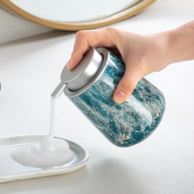 Enra Ceramic Foam Soap Dispenser, 12 oz Blue Foaming Soap Dispenser for Bathroom & Kitchen with Easy-to-Press Silver Pump（Blue Foam Type）