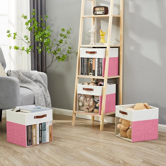 Bagnizer Storage Cubes, 4 Pack Linen Foldable Storage Bins with Clear Window and 2 Handles, 13x15x13 Storage Cube Bins for Shelf Closet, Kallax, Clothes, Books - (Pink / Off-White)