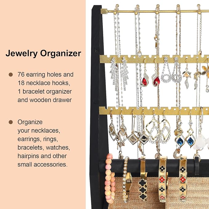 DGWJSU Jewelry Organizer Stand, 5 Layer Earring Holder Organizer with Necklace Holder, Rustic Wood Earring Organizer Display for Stud Earring Bracelet Necklace Ring, Watches (Black Gold)
