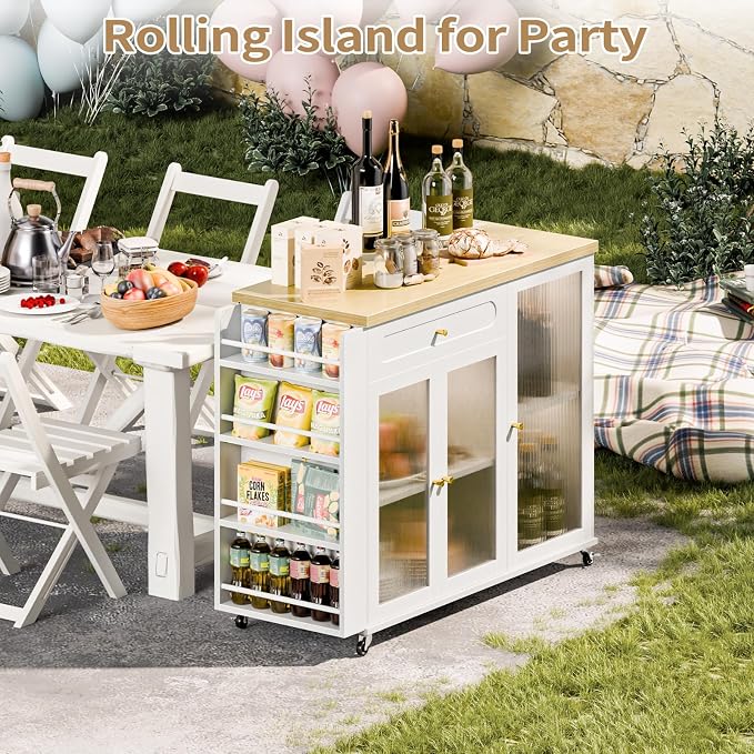 Kitchen Island with Power Outlet - Kitchen Cart on Wheels with Storage Cabinets & Drawers, Rolling Island Table with Spice & Towel Rack, Portable Islands with Large Wood Counter, Dinning Room