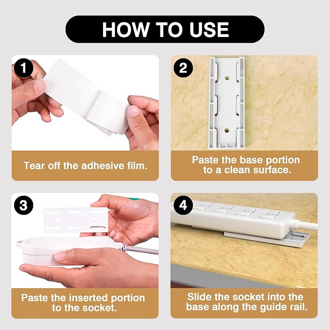 Adhesive Punch-Free Socket Holder, 10 Power Stirp Holder & 40 Cable Clips | Stick-on wall mount, no drilling required; tidy cords instantly with clips—space-saving punch-free organizer for home&office