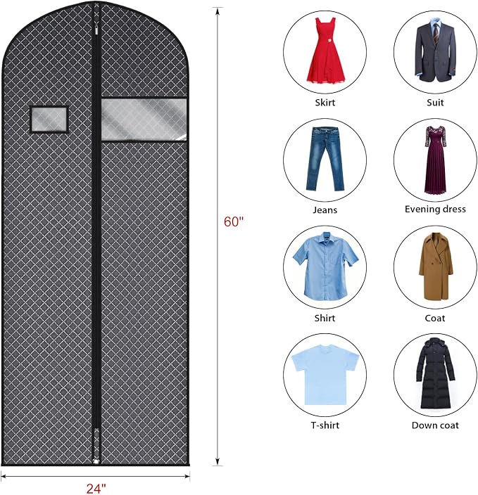 Univivi 60 Inch Lightweight Garment Bag for Hanging Clothes, 10 Pack, Black | Breathable Dress Bag, Dustproof Hanging Garment Bag, Clear Window and ID Card Holder for Coats, Dresses